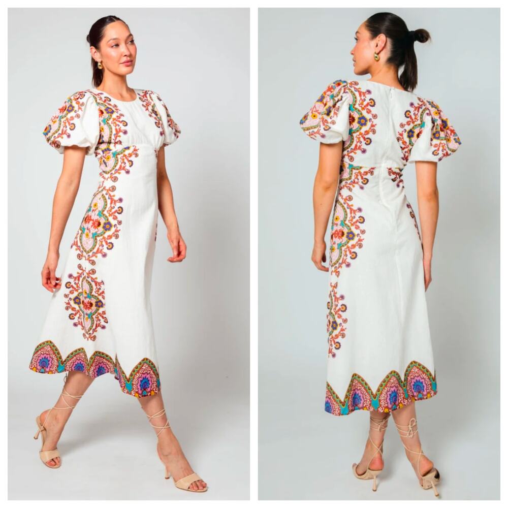 Cleobella Hope Floral Midi Dress Puff Sleeve Boho Linen Blend XS NWT
